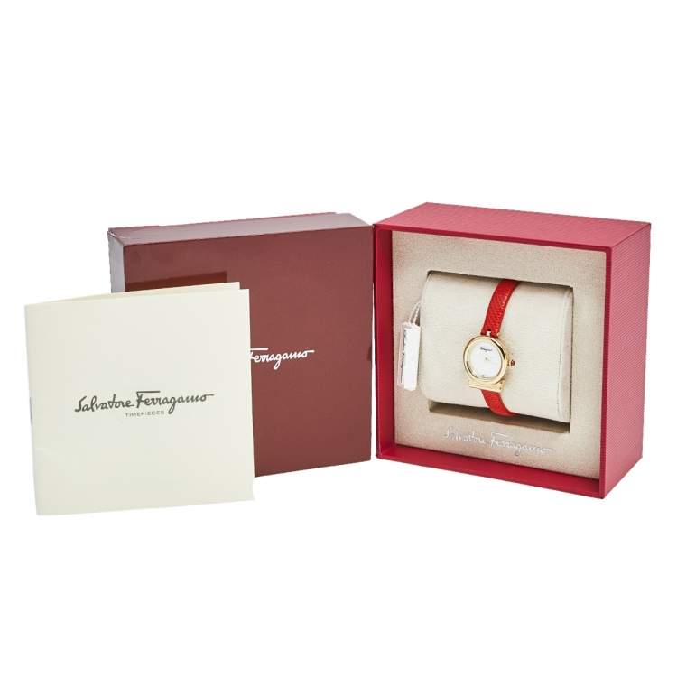 Pre Owned Salvatore Ferragamo Mother of Pearl Gold Plated Stainless Leather Gancino SFIK00219 Women's Wristwatch 22 mm