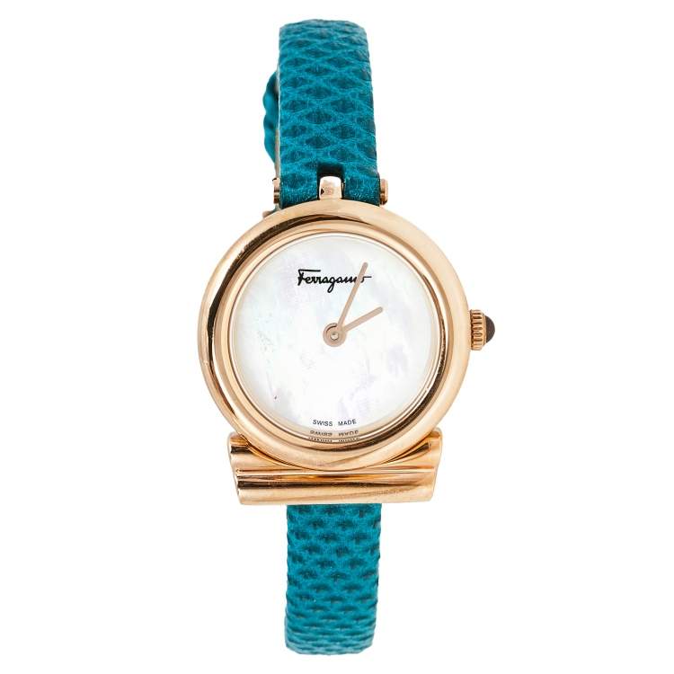 Pre Owned Salvatore Ferragamo Mother of Pearl Rose Gold Plated Stainless Leather Gancino SFIK00319 Women's Wristwatch 22 mm