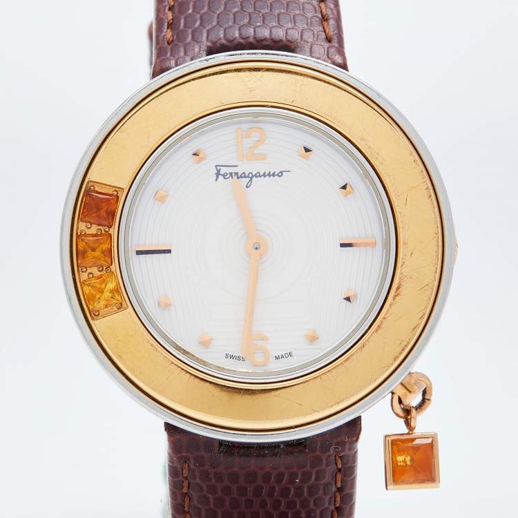 Pre Owned Salvatore Ferragamo White Two-Tone Stainless Steel Embossed Leather Gancino F64SBQ9801/S012 Women's Wristwatch 36 mm