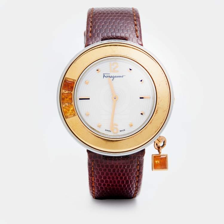 Pre Owned Salvatore Ferragamo White Two-Tone Stainless Steel Embossed Leather Gancino F64SBQ9801/S012 Women's Wristwatch 36 mm