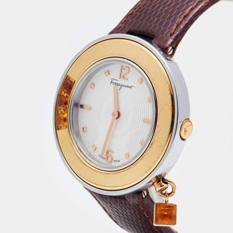 Pre Owned Salvatore Ferragamo White Two-Tone Stainless Steel Embossed Leather Gancino F64SBQ9801/S012 Women's Wristwatch 36 mm