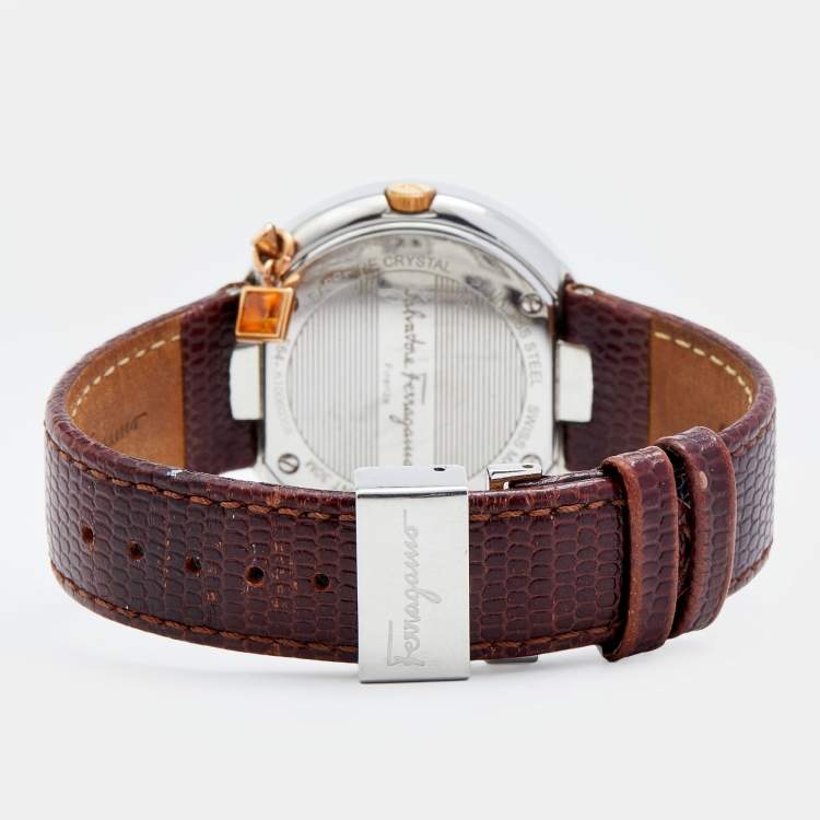 Pre Owned Salvatore Ferragamo White Two-Tone Stainless Steel Embossed Leather Gancino F64SBQ9801/S012 Women's Wristwatch 36 mm