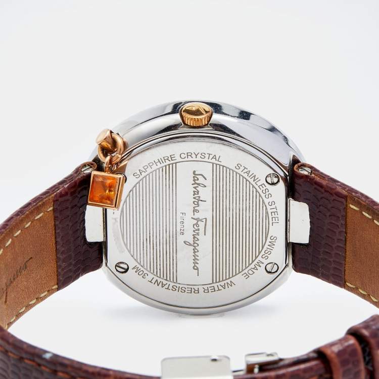 Pre Owned Salvatore Ferragamo White Two-Tone Stainless Steel Embossed Leather Gancino F64SBQ9801/S012 Women's Wristwatch 36 mm