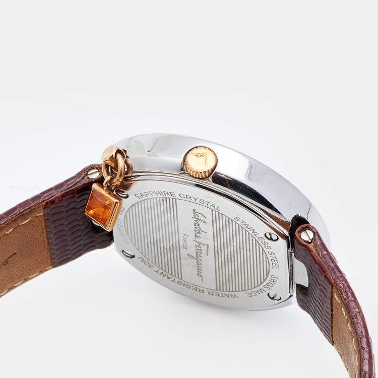 Pre Owned Salvatore Ferragamo White Two-Tone Stainless Steel Embossed Leather Gancino F64SBQ9801/S012 Women's Wristwatch 36 mm