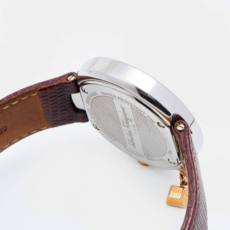Pre Owned Salvatore Ferragamo White Two-Tone Stainless Steel Embossed Leather Gancino F64SBQ9801/S012 Women's Wristwatch 36 mm