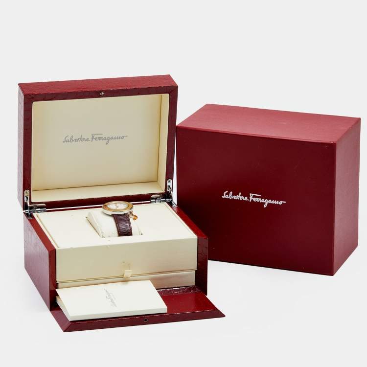 Pre Owned Salvatore Ferragamo White Two-Tone Stainless Steel Embossed Leather Gancino F64SBQ9801/S012 Women's Wristwatch 36 mm
