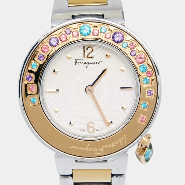 Pre Owned Salvatore Ferragamo Cream Two Tone Stainless Steel Gancino FF5 Women's Wristwatch 36 mm