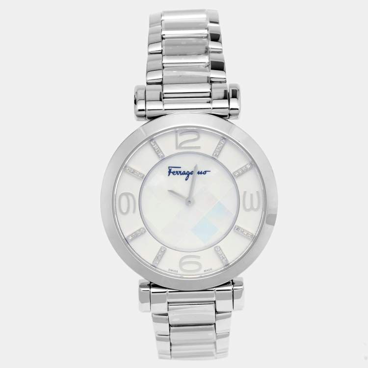Pre Owned Salvatore Ferragamo Mother of Pearl Diamond Stainless Steel Gancino Deco FG3050014 Women's Wristwatch 39 mm