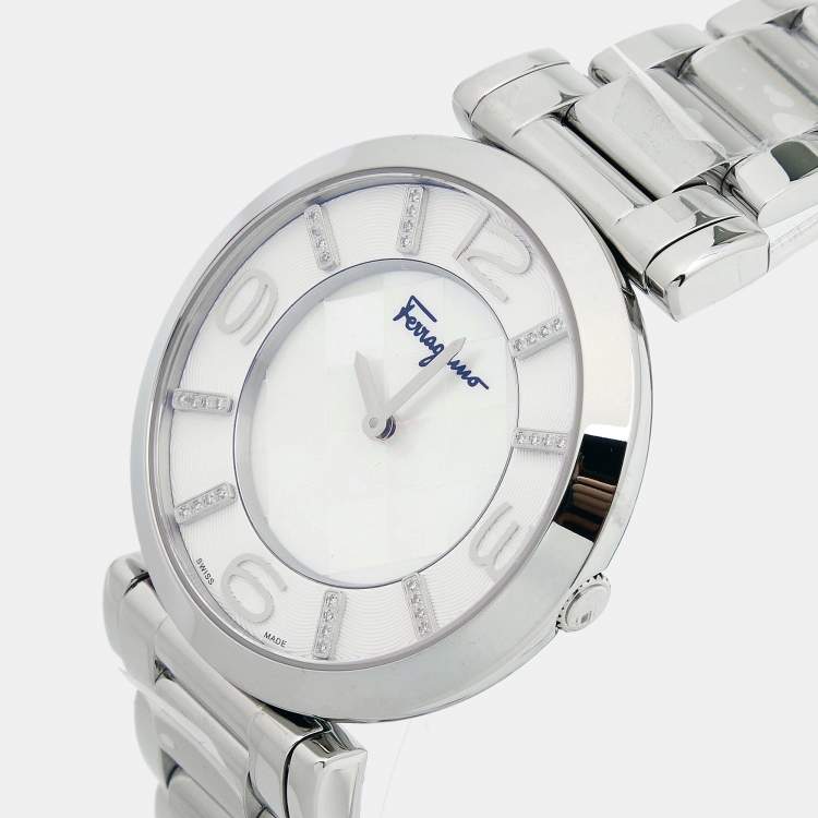 Pre Owned Salvatore Ferragamo Mother of Pearl Diamond Stainless Steel Gancino Deco FG3050014 Women's Wristwatch 39 mm