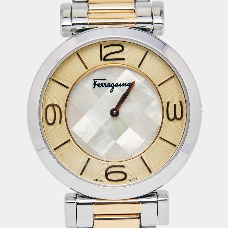 Pre Owned Salvatore Ferragamo Mother Pearl Two-Tone Stainless Steel Gancino FG3060014 Women's Wristwatch 39 mm