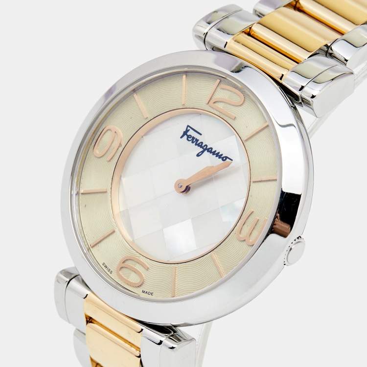 Pre Owned Salvatore Ferragamo Mother Pearl Two-Tone Stainless Steel Gancino FG3060014 Women's Wristwatch 39 mm