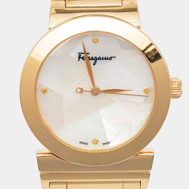 Pre Owned Salvatore Ferragamo Mother Of Pearl Gold Plated Stainless Steel Grande Maison FG2 Women's Wristwatch 33 mm