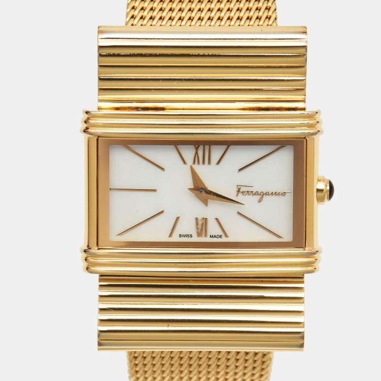 Pre Owned Salvatore Ferragamo Mother Of Pearl Gold Plated Stainless Steel Renaissance F69 Women's Wristwatch 32 mm