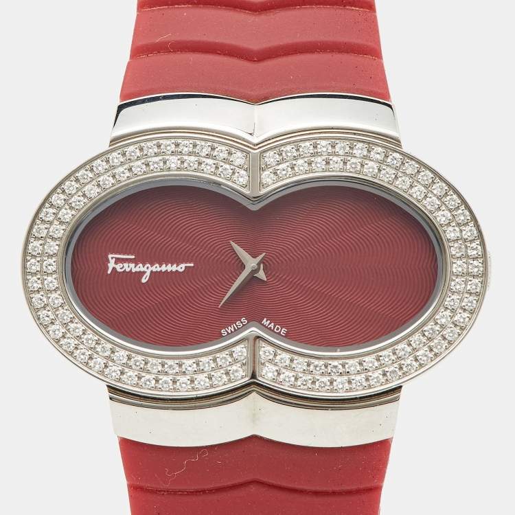 Pre Owned Salvatore Ferragamo Red Diamond Stainless Steel Rubber Assoluto F59 Women's Wristwatch 40 mm 