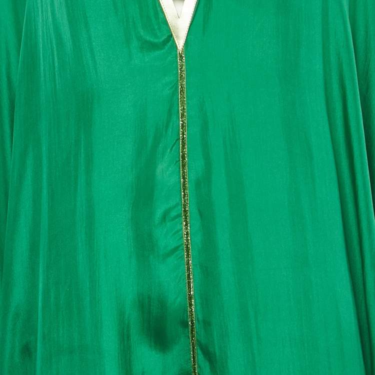 Pre Owned Sana Osmani Green Silk Laser Cut Detail Paros Maxi Kaftan One Size