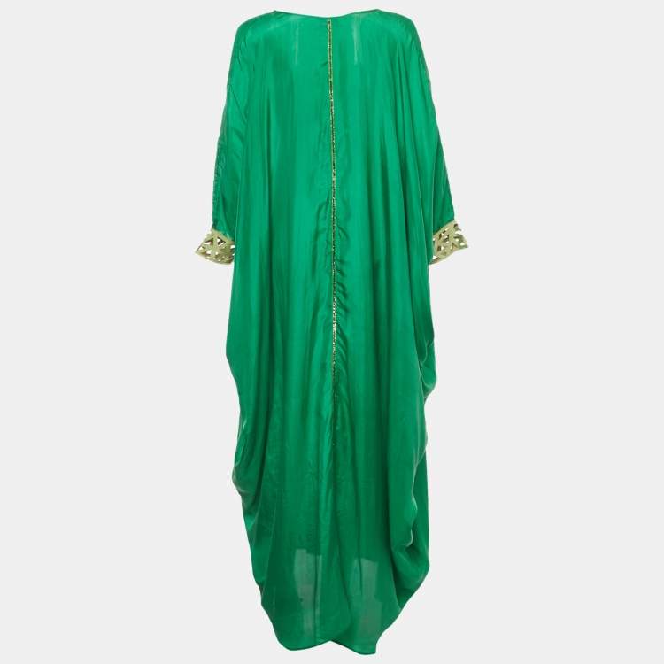 Pre Owned Sana Osmani Green Silk Laser Cut Detail Paros Maxi Kaftan One Size