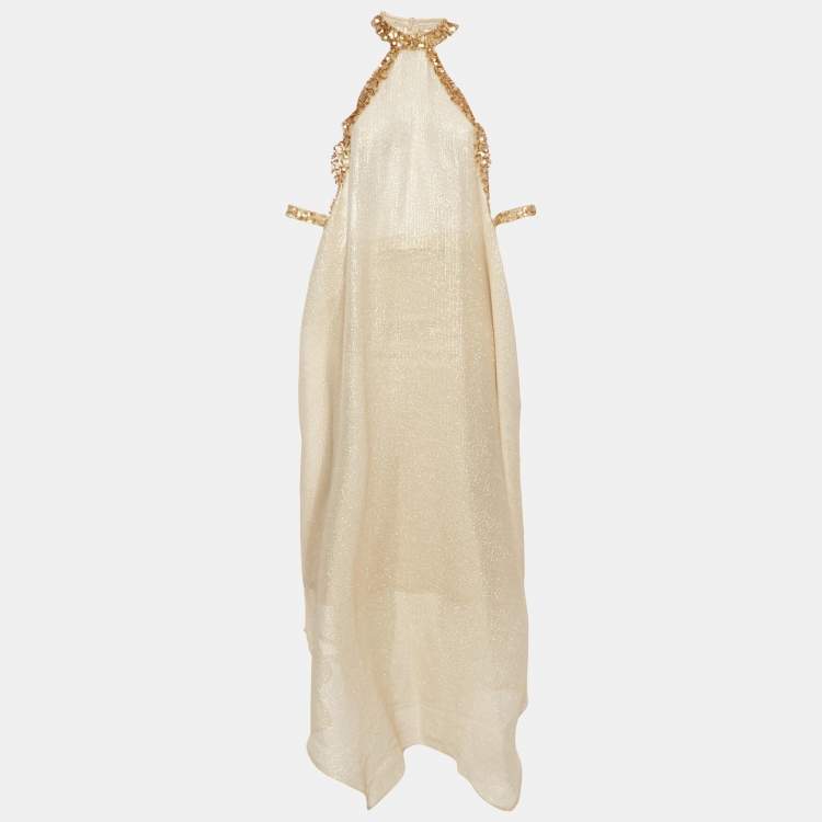 Pre Owned Sana Osmani Gold Sequin Embellished Lurex Loose Fit Midi Dress L