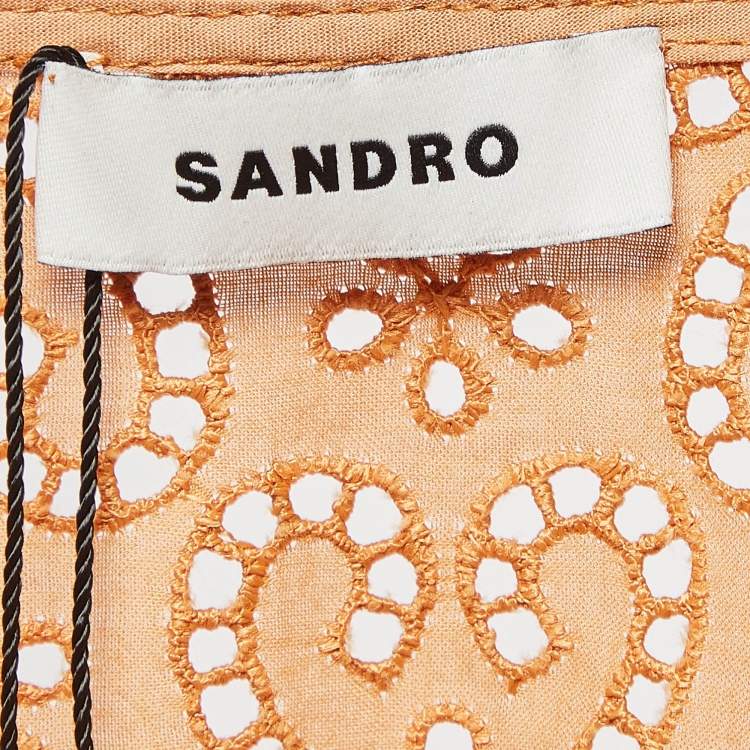 Pre Owned Sandro Apricot Orange  Broderie Anglaise Cotton Blend Puff Sleeves Blouse XL