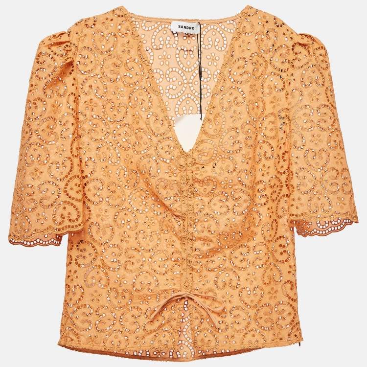 Pre Owned Sandro Apricot Orange  Broderie Anglaise Cotton Blend Puff Sleeves Blouse XL