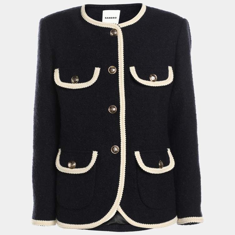 Pre Owned Sandro Navy Blue/Cream Tweed Jacket S