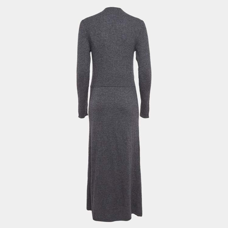 Pre Owned Sandro Grey Rib Knit Buttoned Ruche Detail Midi Dress XL