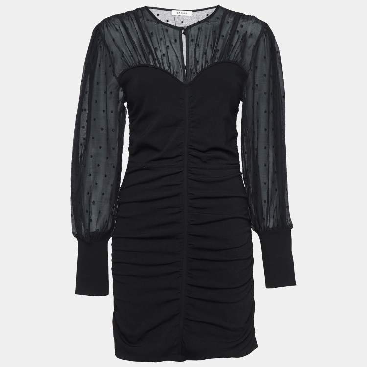Pre Owned Sandro Black Organza and Rib Knit Ruched Bustier Effect Mini Dress M