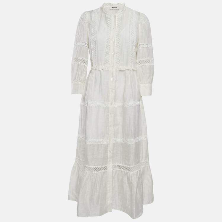 Pre Owned Sandro Ivory White Lace Trim Linen Button Front Midi Dress L