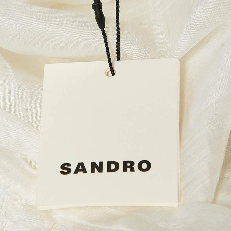 Pre Owned Sandro Ivory White Lace Trim Linen Button Front Midi Dress L