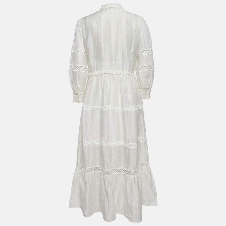 Pre Owned Sandro Ivory White Lace Trim Linen Button Front Midi Dress L