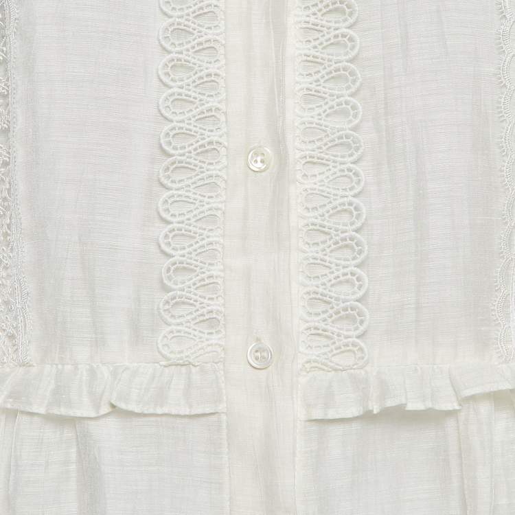 Pre Owned Sandro Ivory White Lace Trim Linen Button Front Midi Dress L