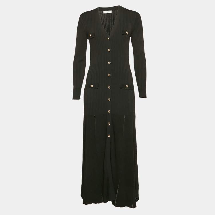 Pre Owned Sandro Black Rib Knit Button Front Full Sleeve Midi Dress L