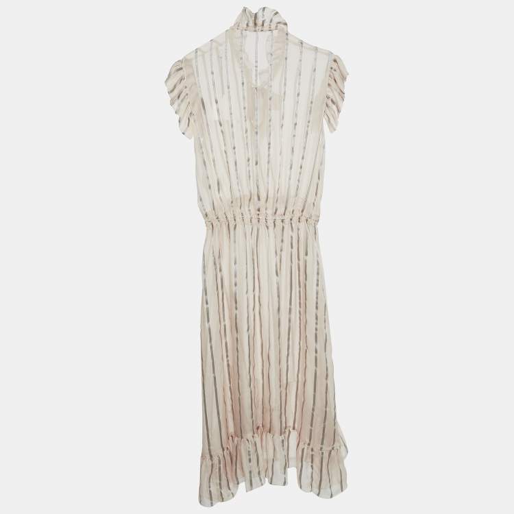 Pre Owned Sandro Pink Stripe Silk Ruffled Midi Dress L