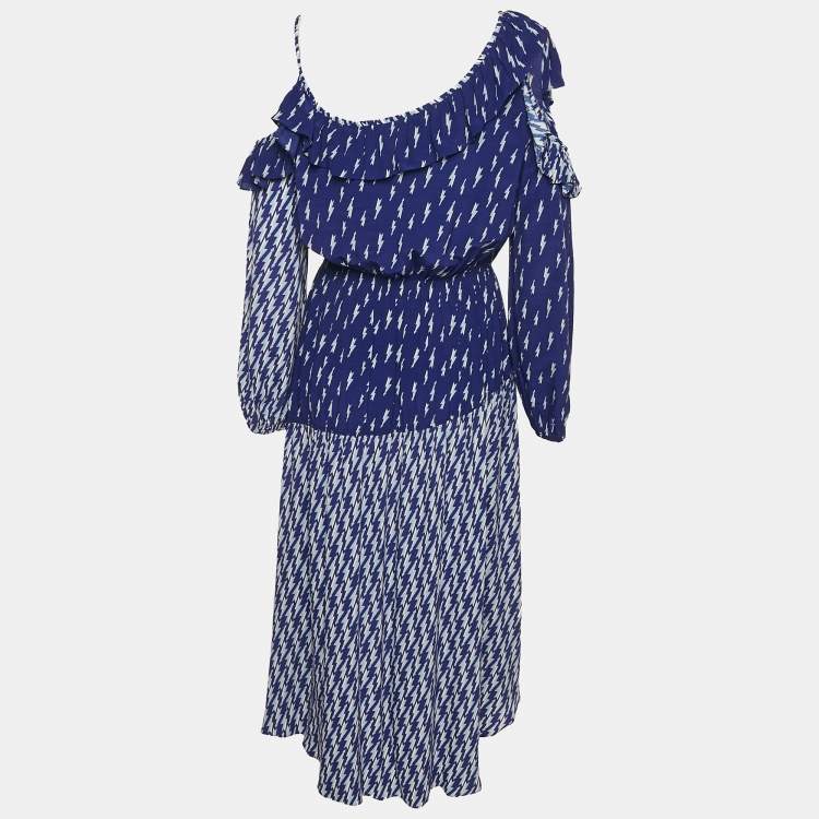 Pre Owned Sandro Blue Lightning Bolt Print Crepe Cold-Shoulder Midi Dress M