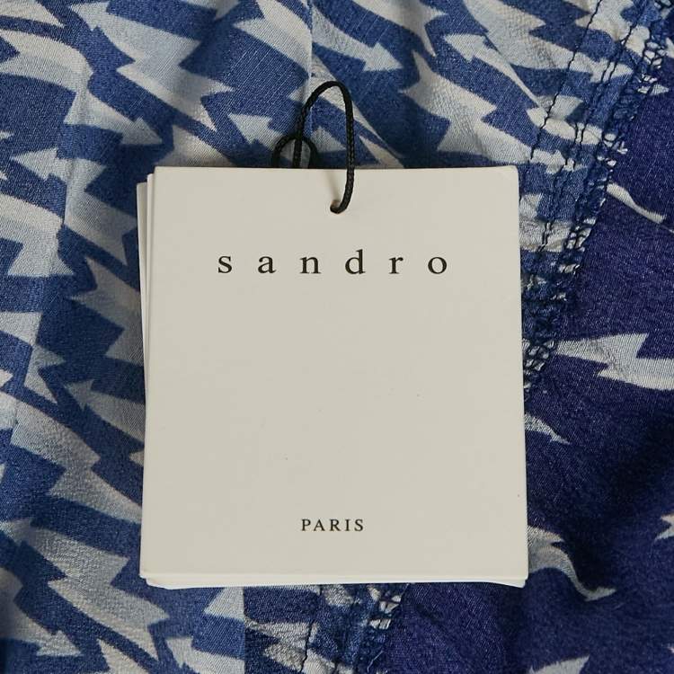 Pre Owned Sandro Blue Lightning Bolt Print Crepe Cold-Shoulder Midi Dress M