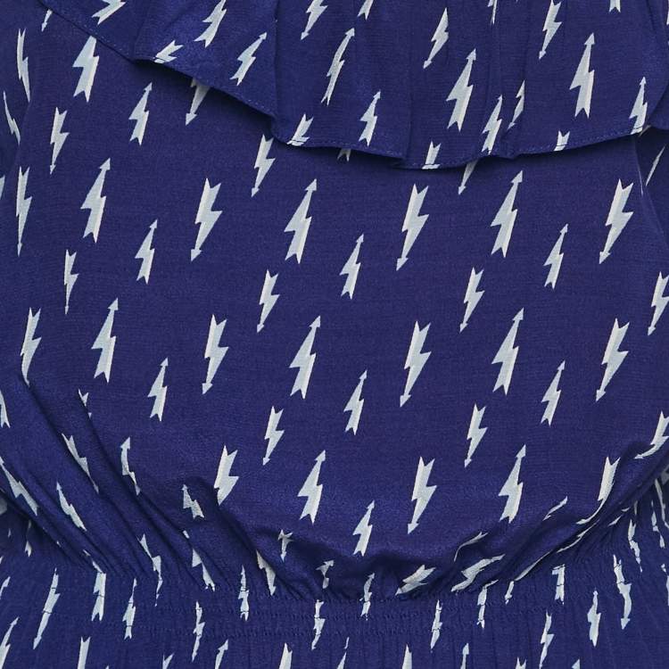 Pre Owned Sandro Blue Lightning Bolt Print Crepe Cold-Shoulder Midi Dress M