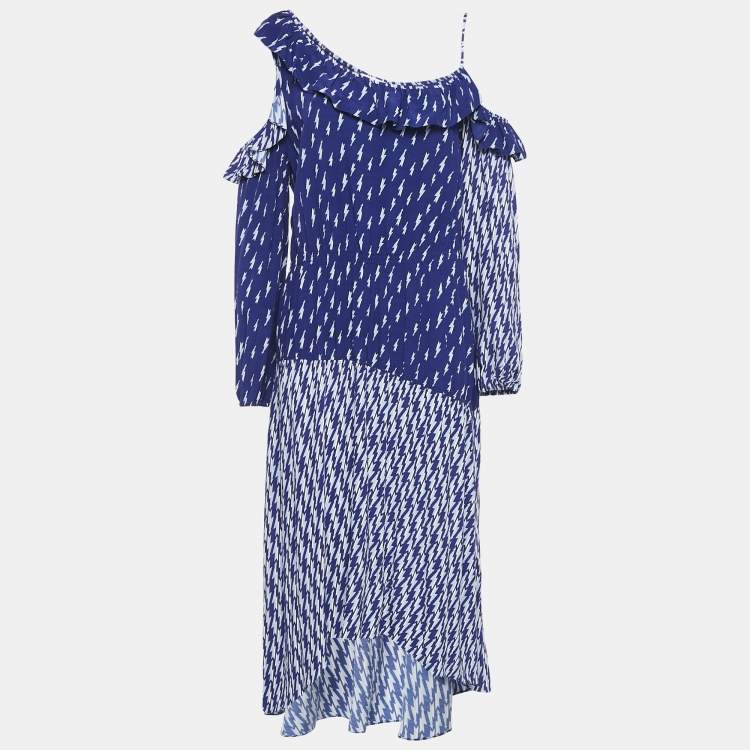Pre Owned Sandro Blue Lighting Print Crepe Ruffled Cold Shoulder Midi Dress L