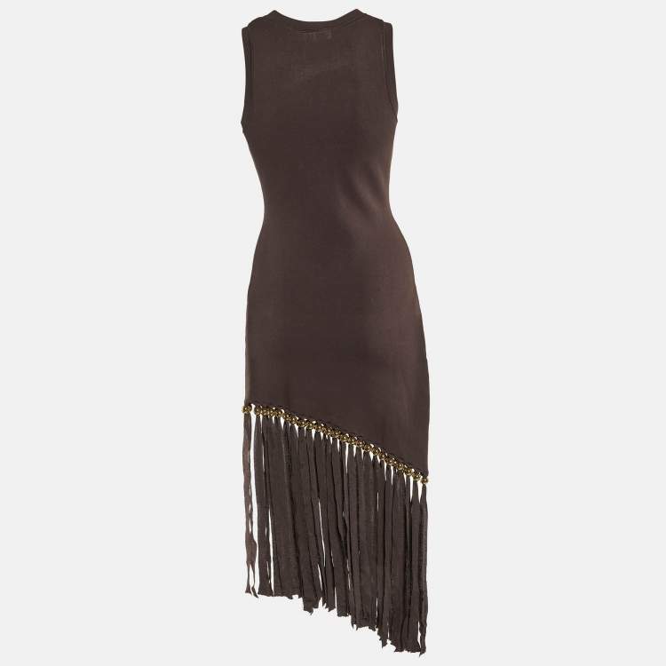 Pre Owned Sandro Brown Knit Fringed Beaded Hem Bodycon Dress S