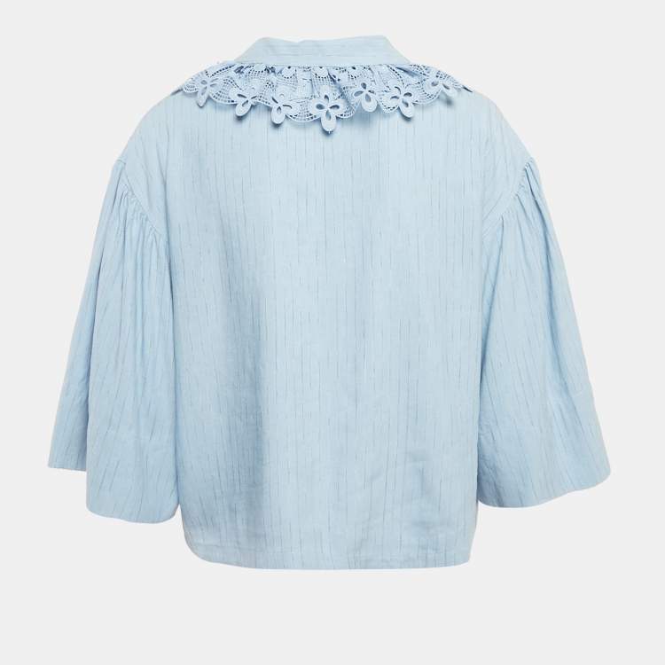 Pre Owned Sandro Blue Striped Linen Blend Lace Collar Tim Top L