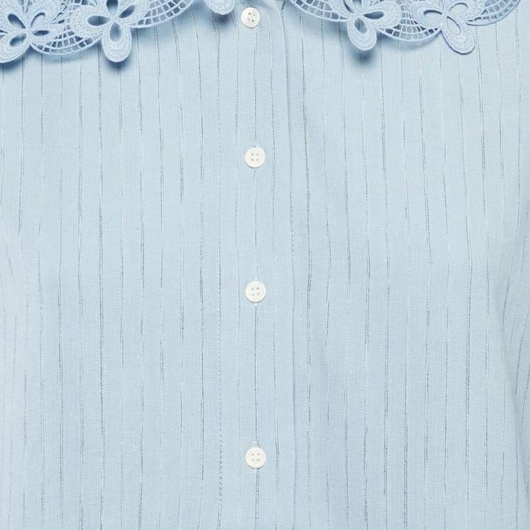 Pre Owned Sandro Blue Striped Linen Blend Lace Collar Tim Top L