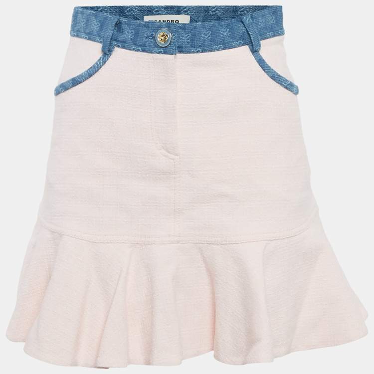 Pre Owned Sandro Pink Tweed Flounced Mini Skirt S 