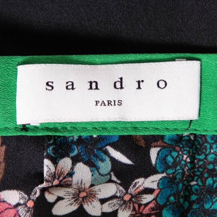Pre Owned Sandro Black & Green Printed Chiffon Pleated Midi Skirt L