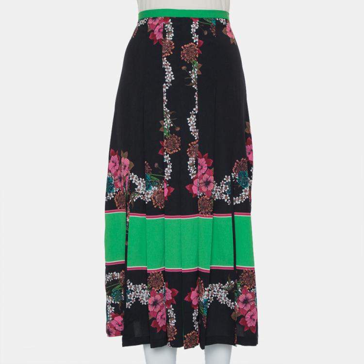 Pre Owned Sandro Black & Green Printed Chiffon Pleated Midi Skirt L