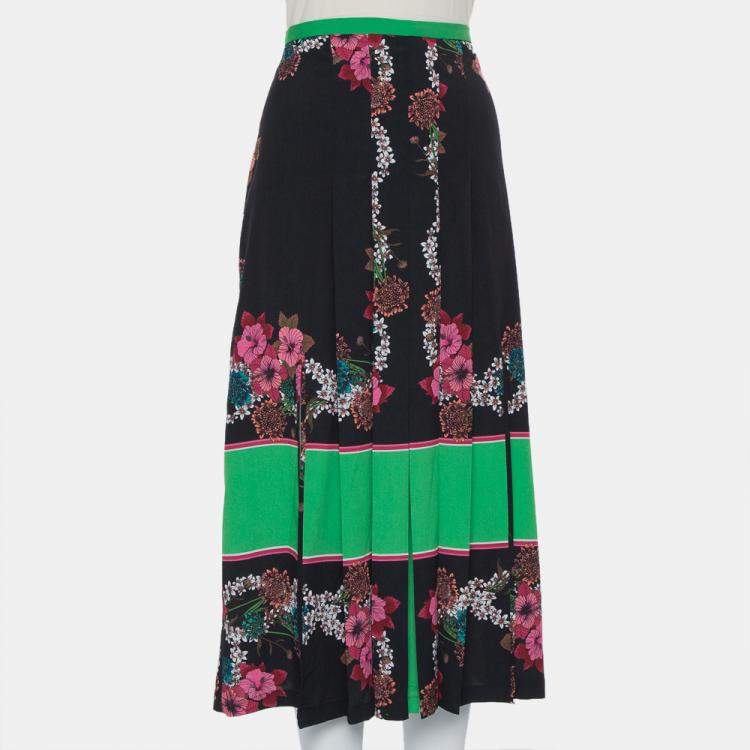 Pre Owned Sandro Black & Green Printed Chiffon Pleated Midi Skirt L