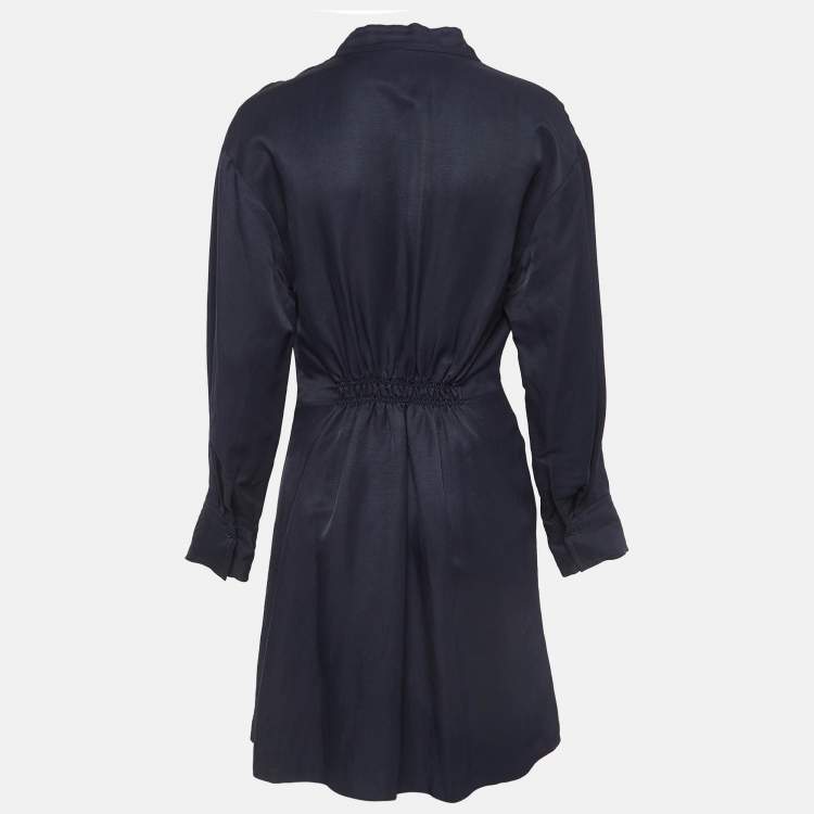 Pre Owned Sandro Navy Blue Linen Blend Twisted Mini Shirt Dress M