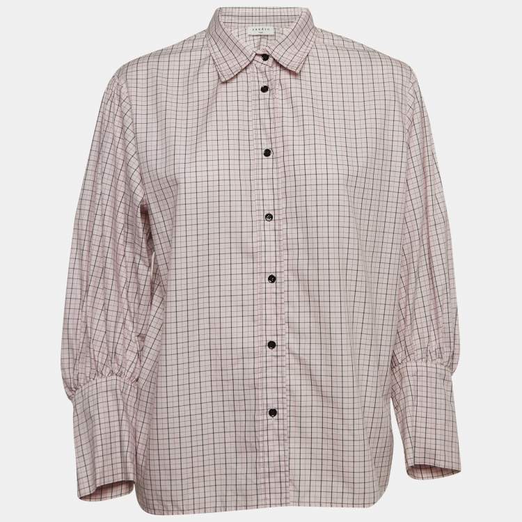 Pre Owned Sandro Pink Checkered Cotton Puff Sleeves Shirt L