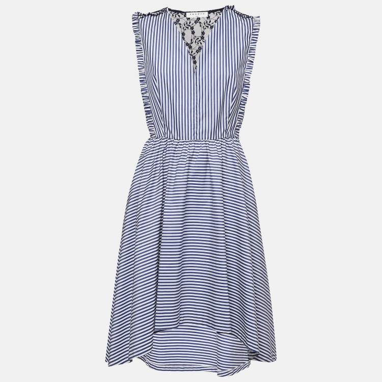 Pre Owned Sandro Blue Stripe Lace Trim Cotton Mid Dress L