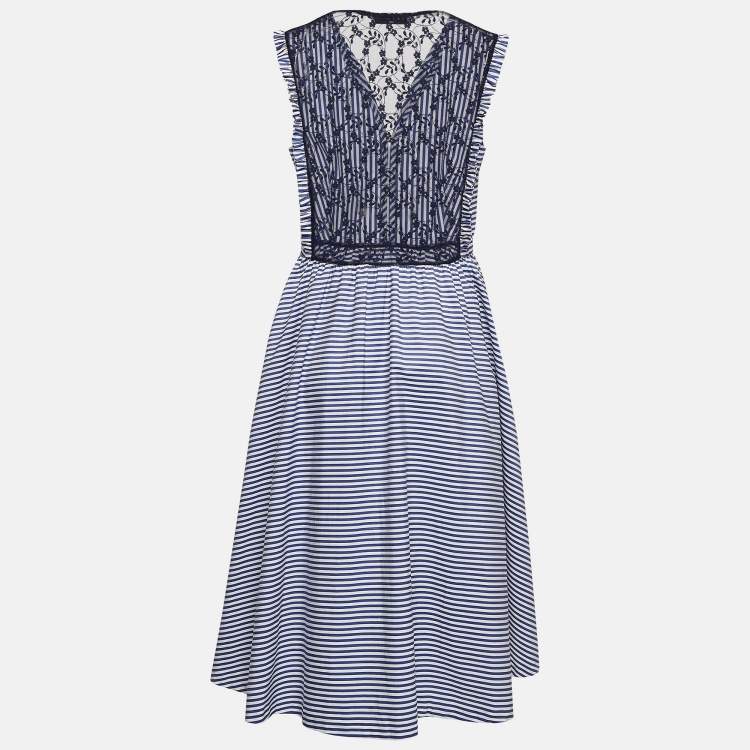 Pre Owned Sandro Blue Stripe Lace Trim Cotton Mid Dress L