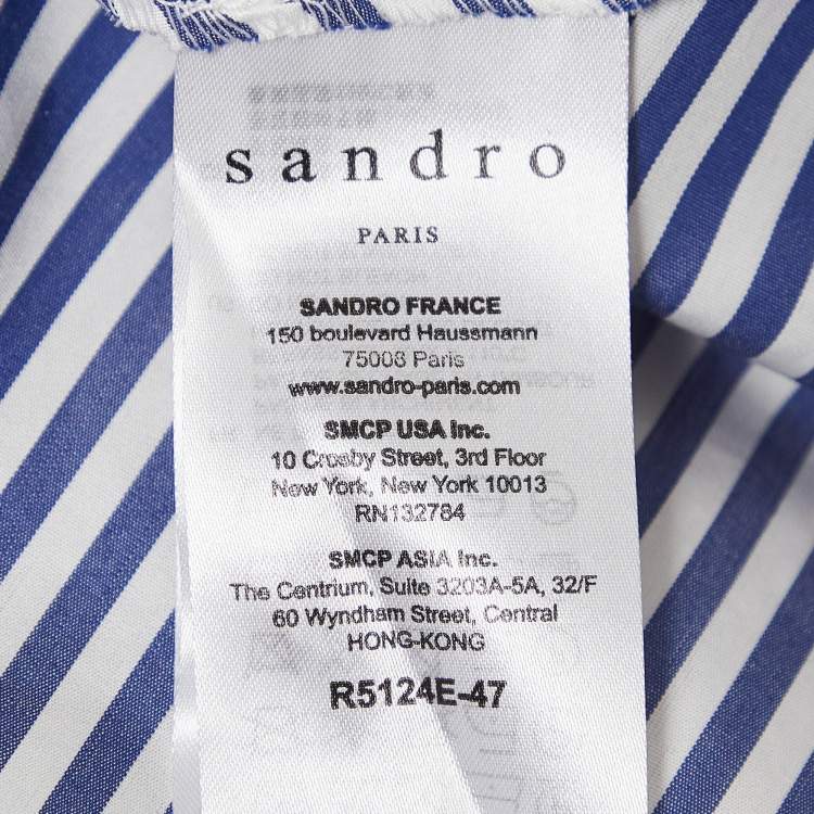 Pre Owned Sandro Blue Stripe Lace Trim Cotton Mid Dress L