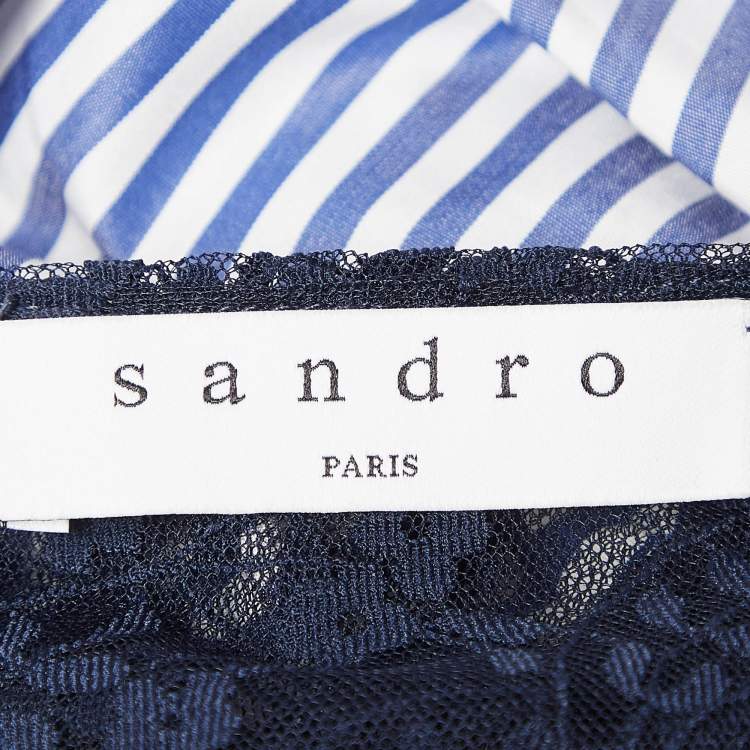 Pre Owned Sandro Blue Stripe Lace Trim Cotton Mid Dress L