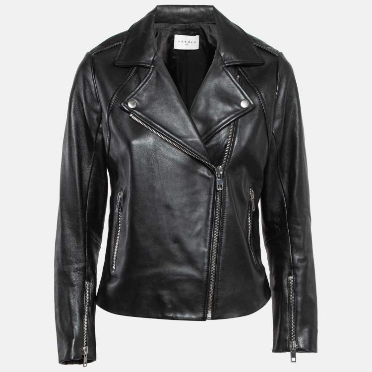 Pre Owned Sandro Black Lambskin Leather Zip-Up Jacket L
